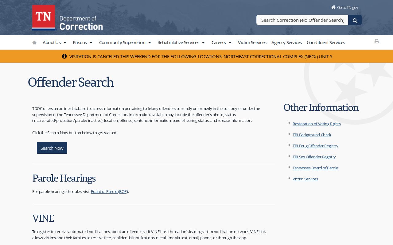 Bledsoe County arrest research using the official TDOC FOIL information page