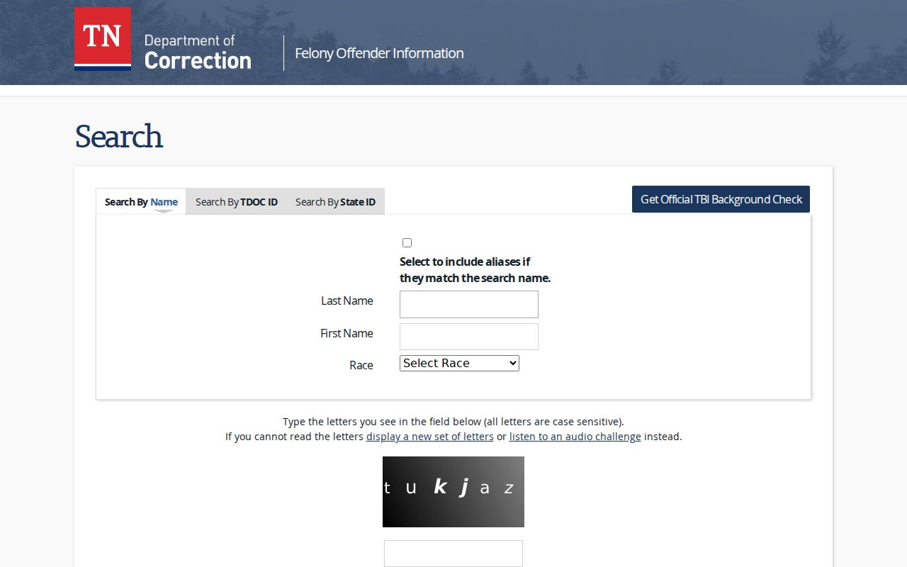 TDOC FOIL search interface for Bledsoe County arrest and state custody research