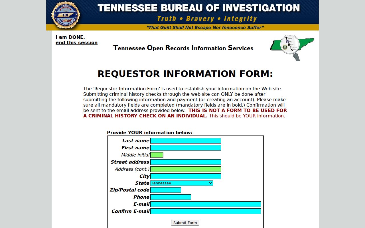 TORIS requester fields for Bledsoe County criminal records