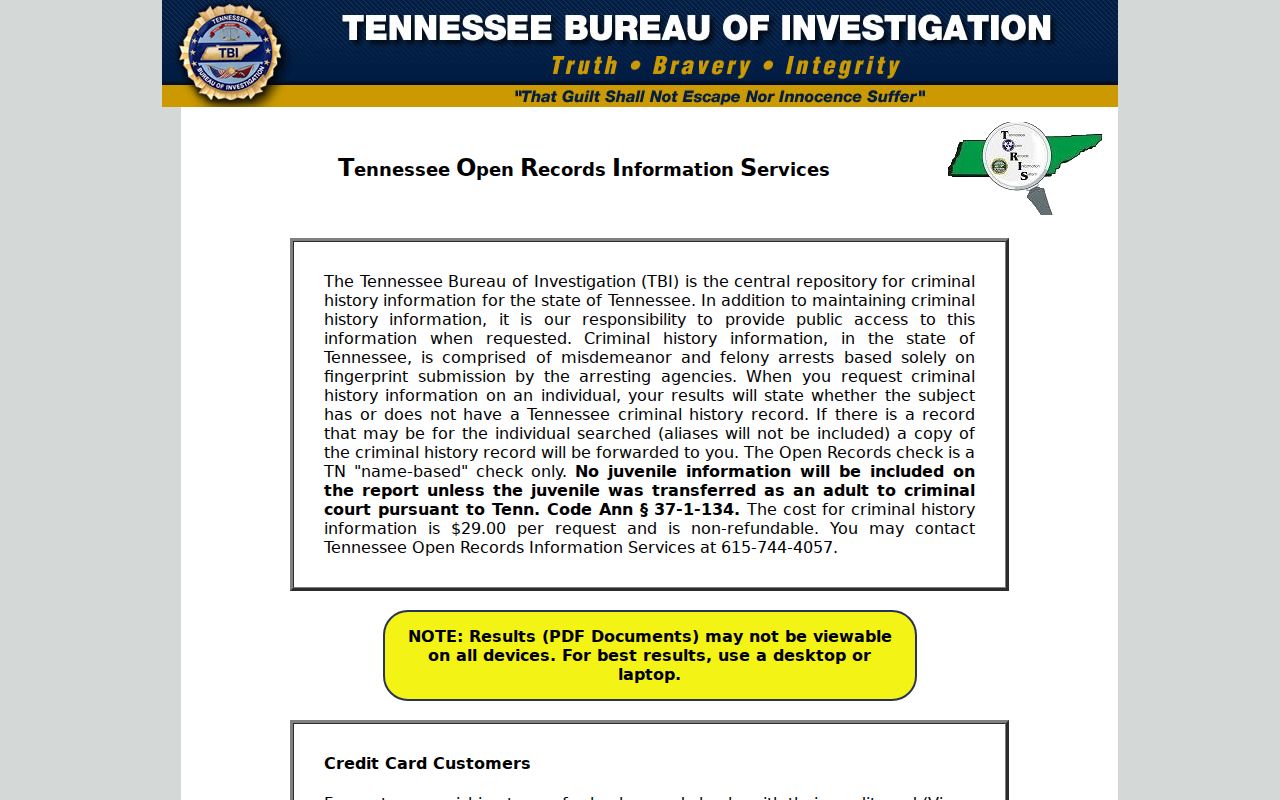 TORIS options for a Bledsoe County criminal history check
