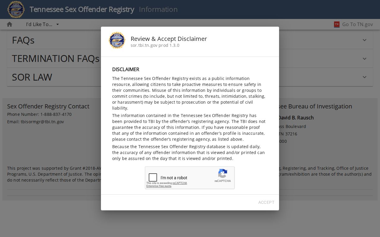 TBI daily update and accuracy notice for Bledsoe County sex offender registry records