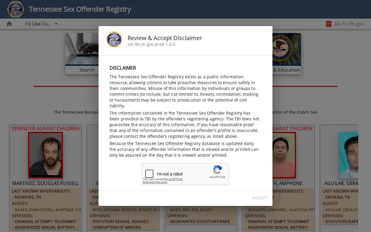 Tennessee registry form used for a Bledsoe County sex offender search